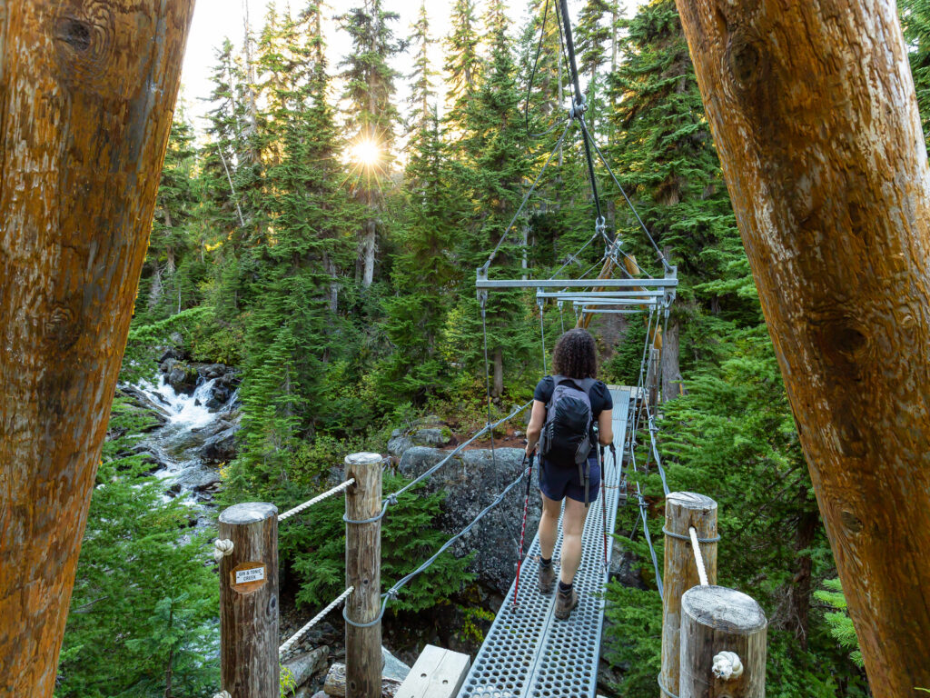 Woman Hiking across Bridge in the Forest at Sunset in Canadian Nature