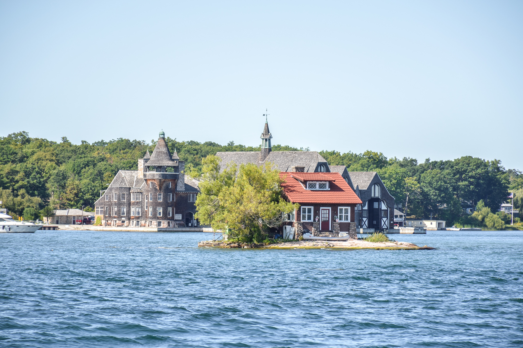 One Island with a small house in Thousand Islands Region in summer in Kingston, Ontario, Canada