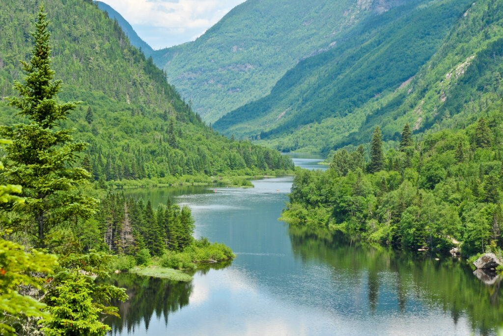 Beautiful landscape of the Malbaie River in the Hautes-Gorges-de-la-Rivière-Malbaie national park - Canada