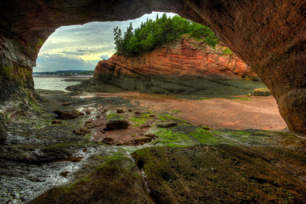 Caves and coastal features at low tide of the Bay of Fundy at St. Martins