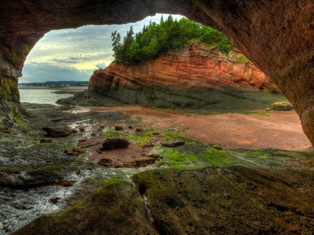 Caves and coastal features at low tide of the Bay of Fundy at St. Martins