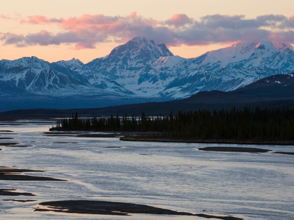 Alaska Range viewed from the Susitna River in Denali, Alaska