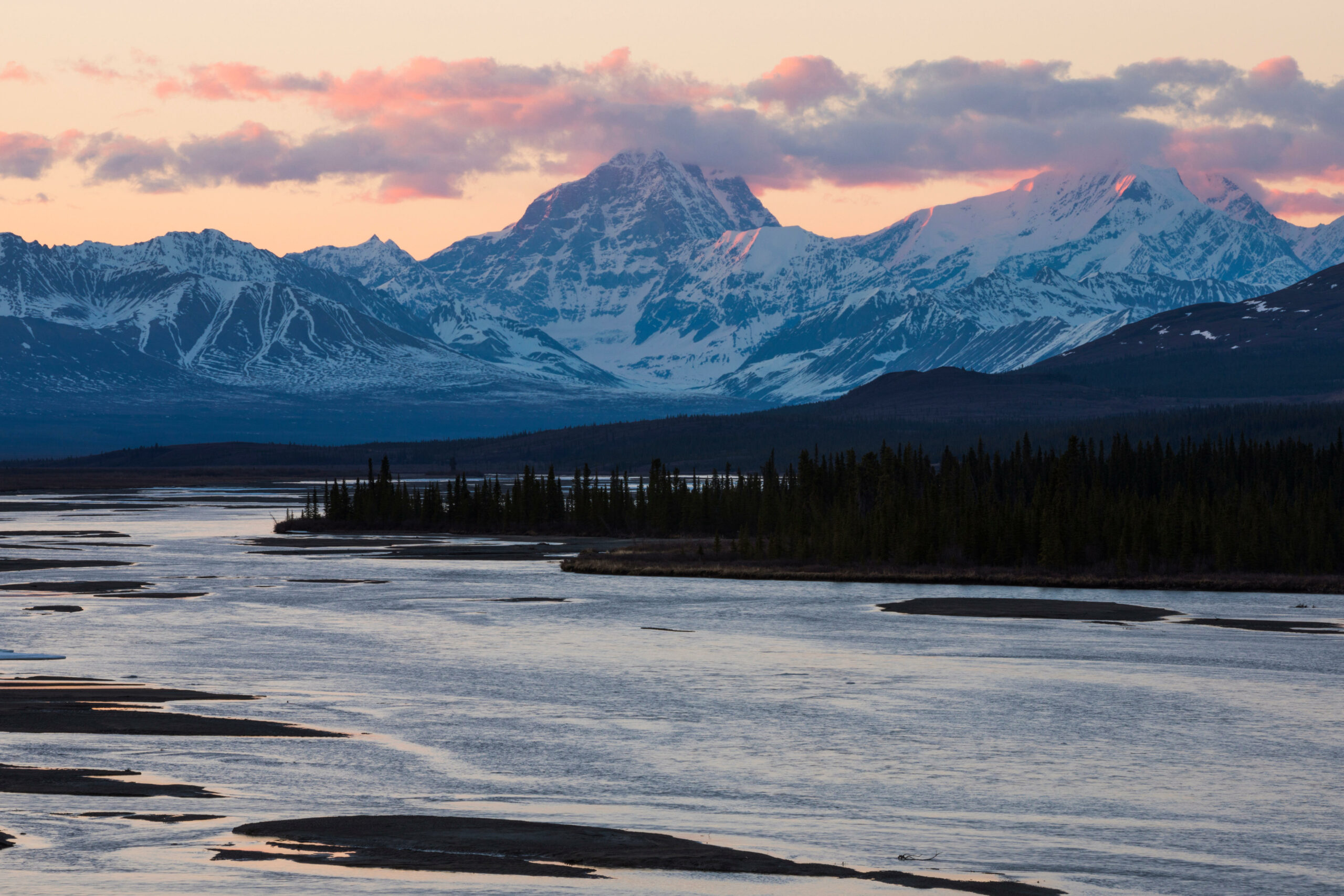 Alaska Range viewed from the Susitna River in Denali, Alaska