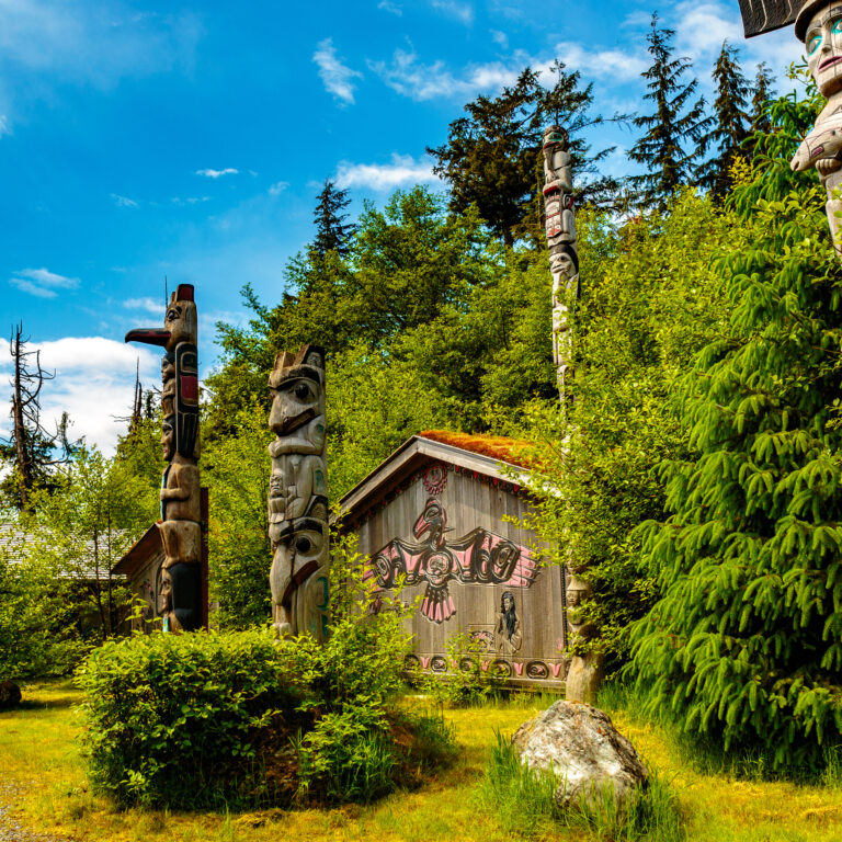 Native American Totems and Clan Houses located at Totem Bight State Historic Site