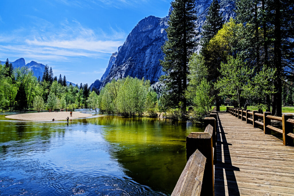 Island Beach as seen from the Swinging Bridge in Yosemite National Park