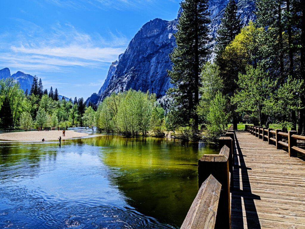 Island Beach as seen from the Swinging Bridge in Yosemite National Park