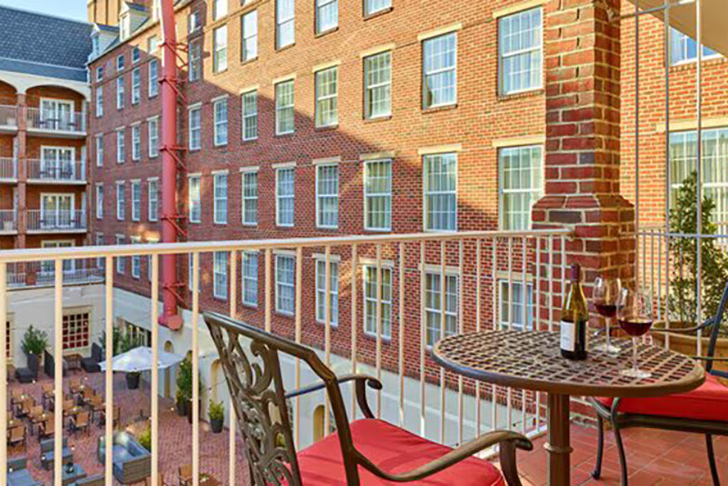 Hotel terrace overlooking courtyard