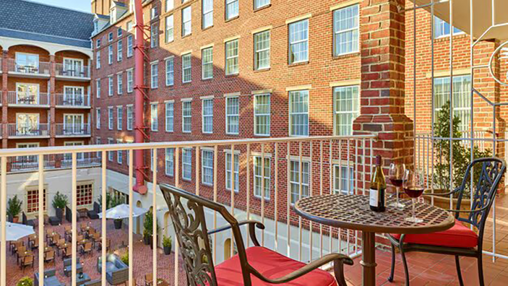 Hotel terrace overlooking courtyard