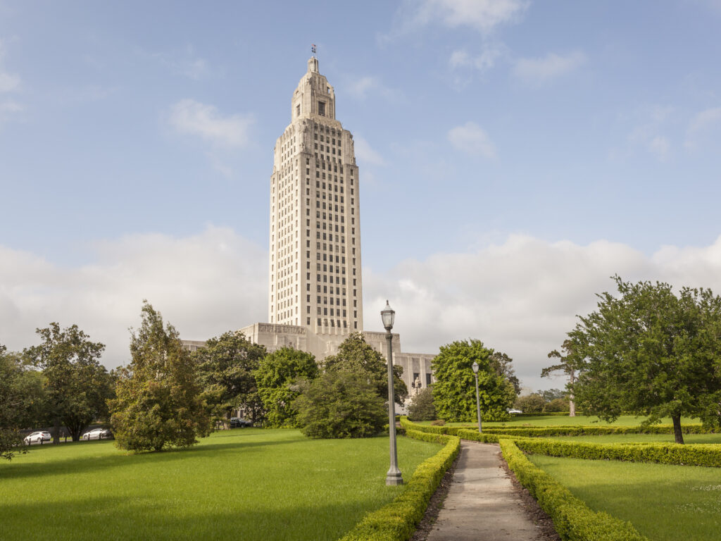 The Louisiana State Capitol tower in the city of Baton Rouge