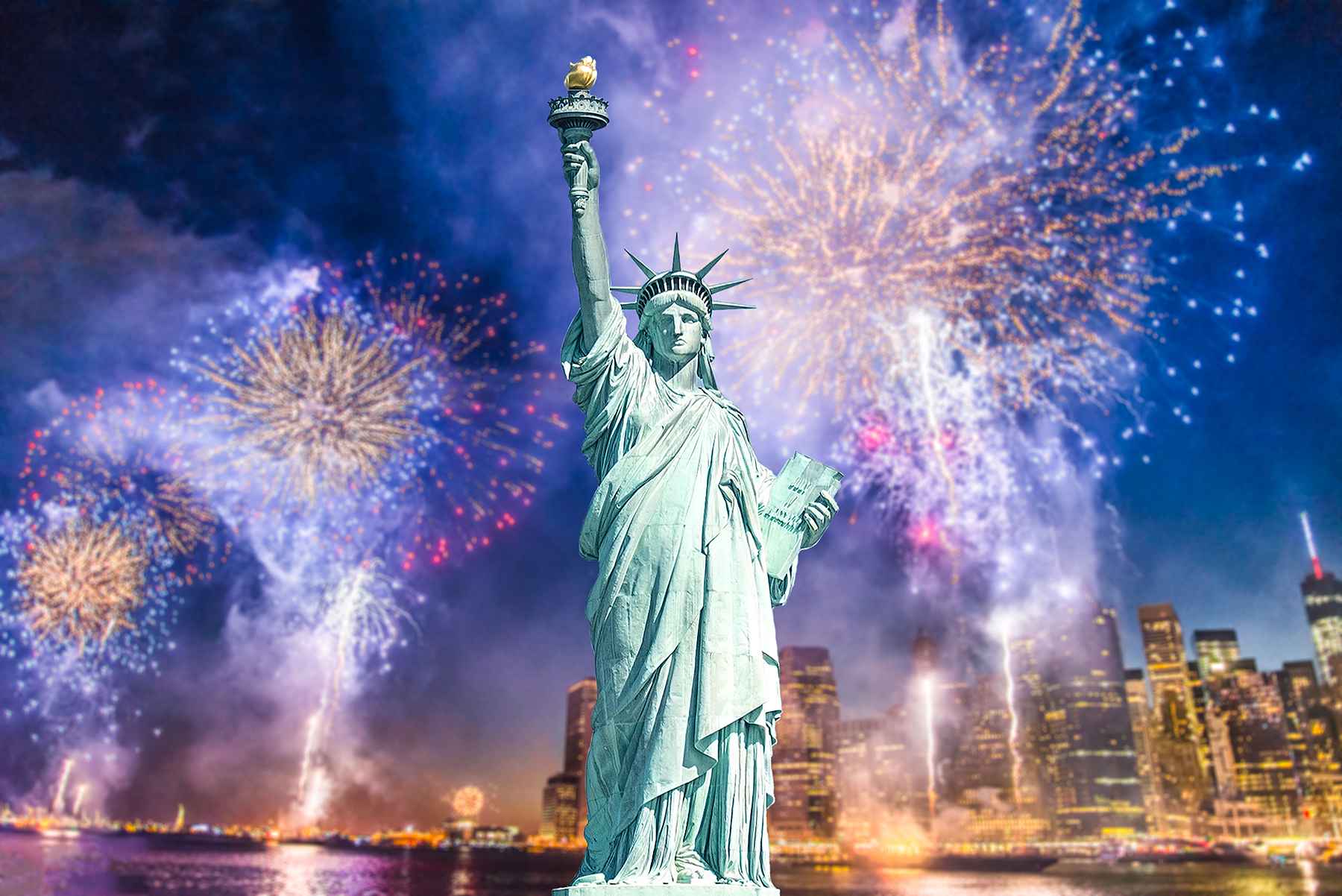 Fireworks against the Statue of Liberty