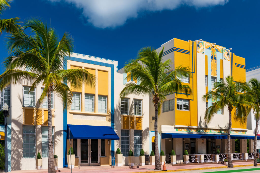 Sun-drenched hotels on Ocean Drive in the Art Deco District