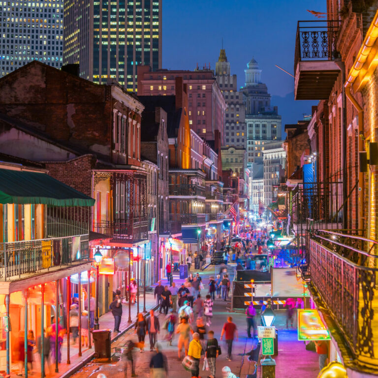 Pubs and bars with neon lights in the French Quarter, New Orleans USA