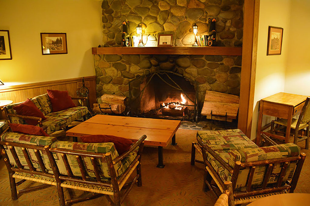 Hotel fireplace and lounge