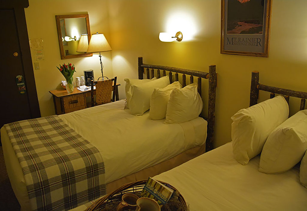 Hotel guest room with two beds