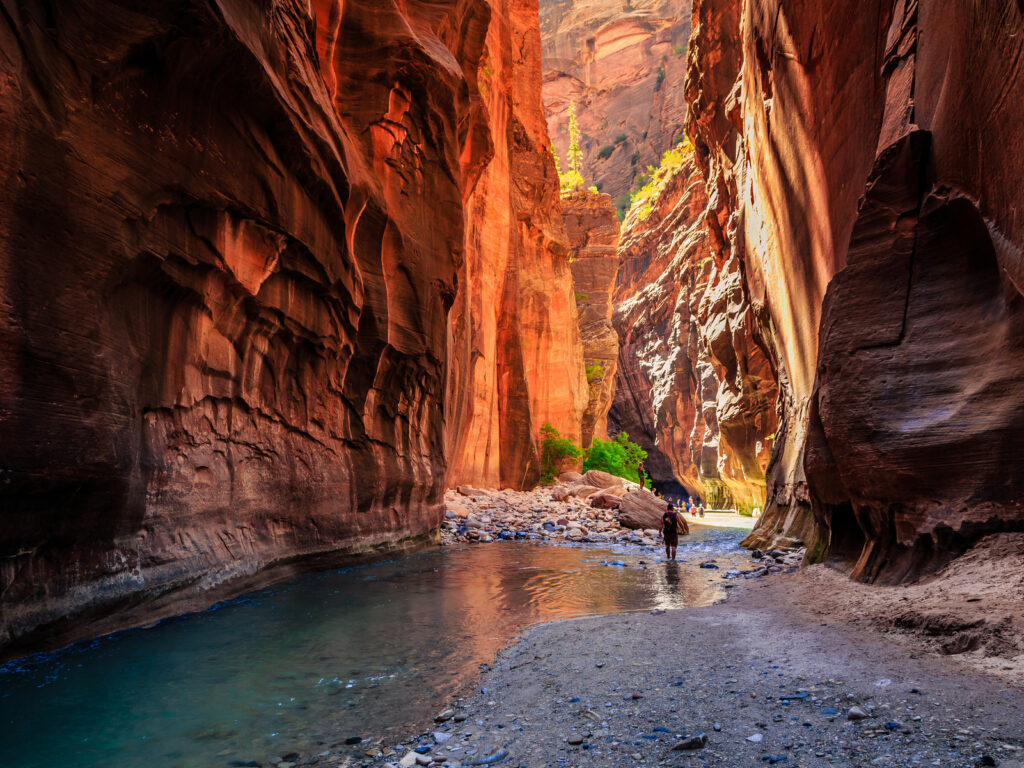 Hiker in the Narrows in Zion National Park in Utah