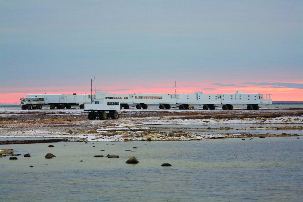 Tundra Buggy Lodge at sunset