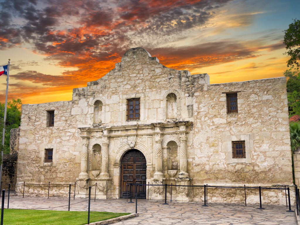 Exterior view of the historic Alamo shortly after sunrise