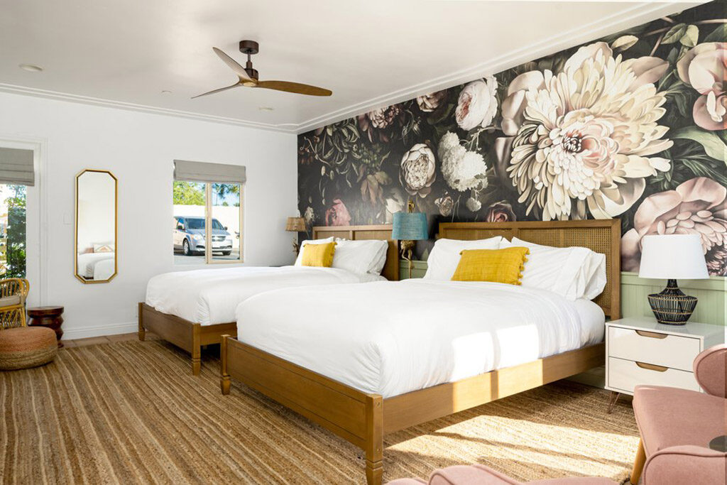 Hotel guest room with two beds