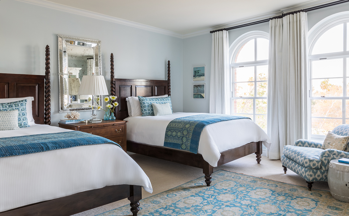 Hotel guest room with two beds