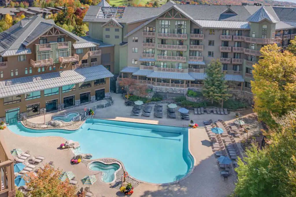 Lodge aerial view with pool