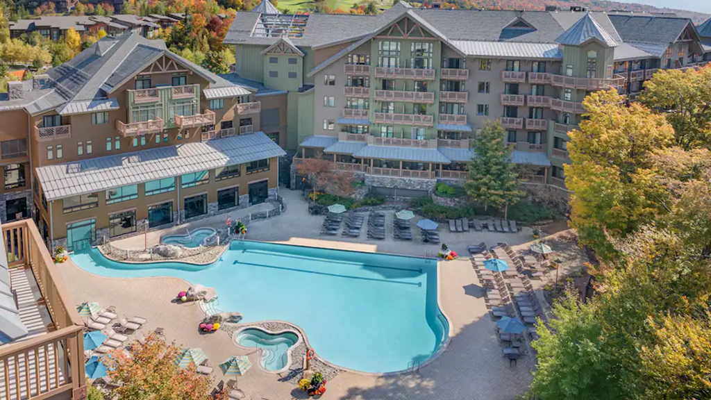 Lodge aerial view with pool