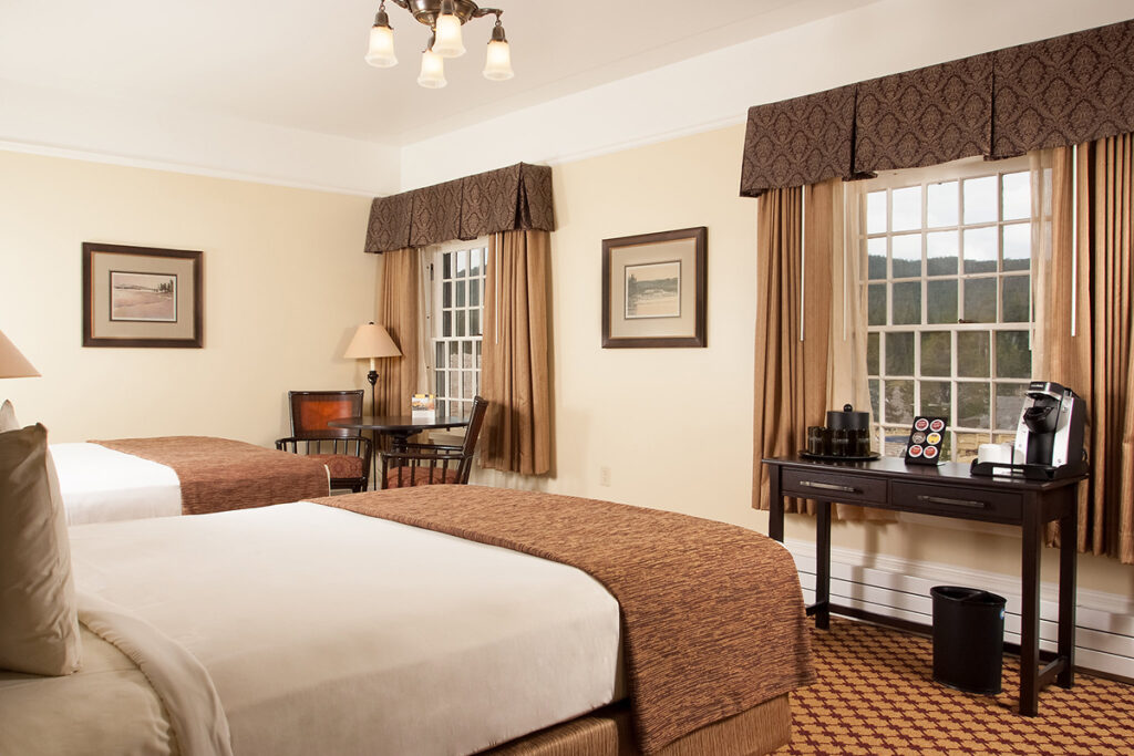 Hotel guest room with two beds