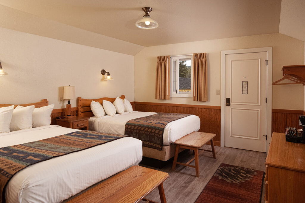 Hotel guest room with two beds