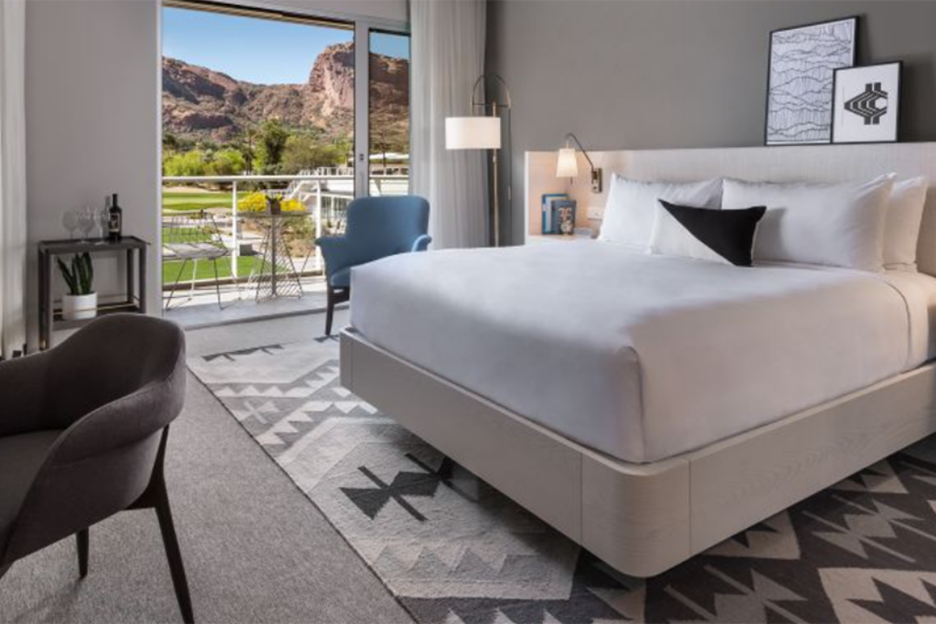 Hotel guest room with king bed