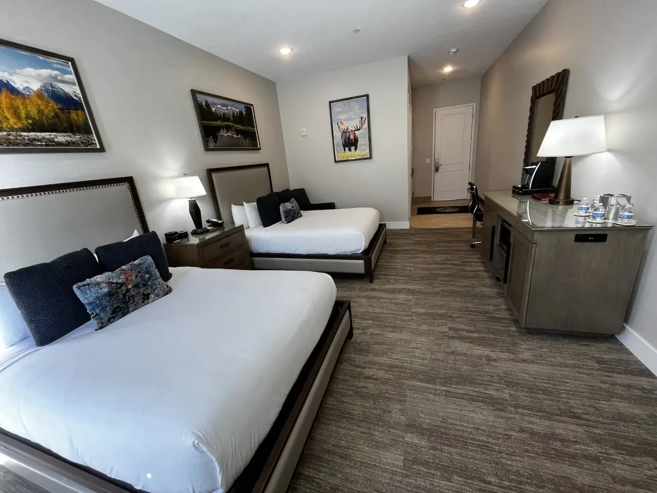 Hotel guest room with two beds