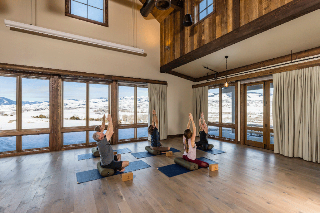 Fitness classes at lodge overlooking mountains