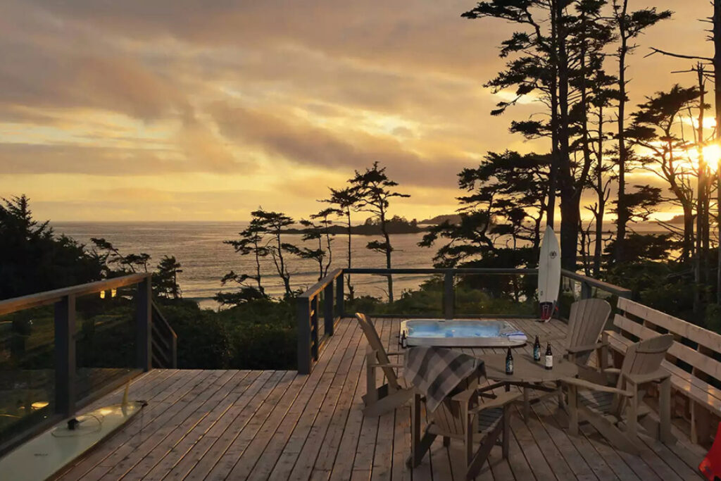 Sunset house view with hot tub