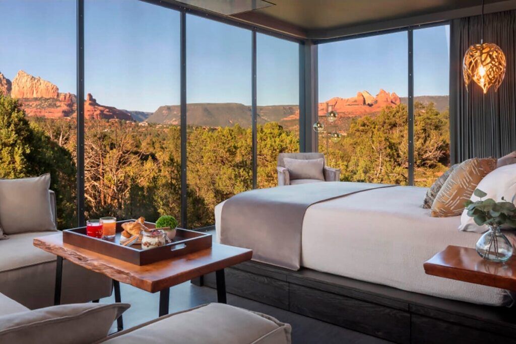 Hotel guest room with mountain view